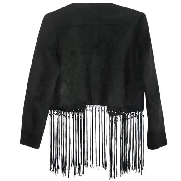 Zara Faux Suede Open Front  Jacket with Beaded Fringe in Dark Black Women’s M - Picture 6 of 12